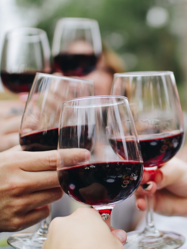 group toasting glasses of red wine